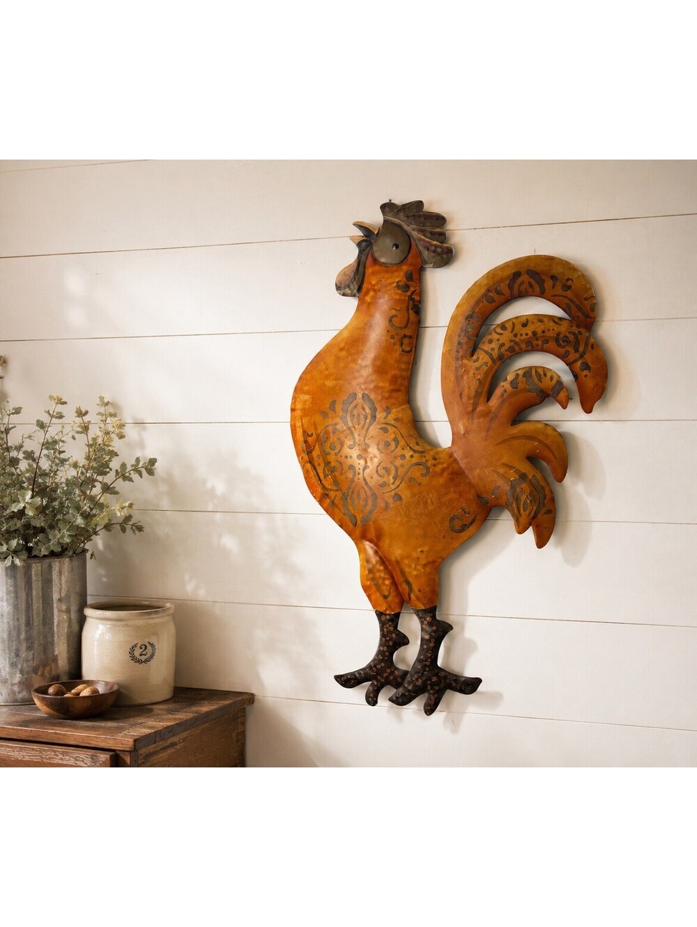 Vintage 2000s Metal Rooster Wall Art Copper Patina Scrollwork, 16.5x29"